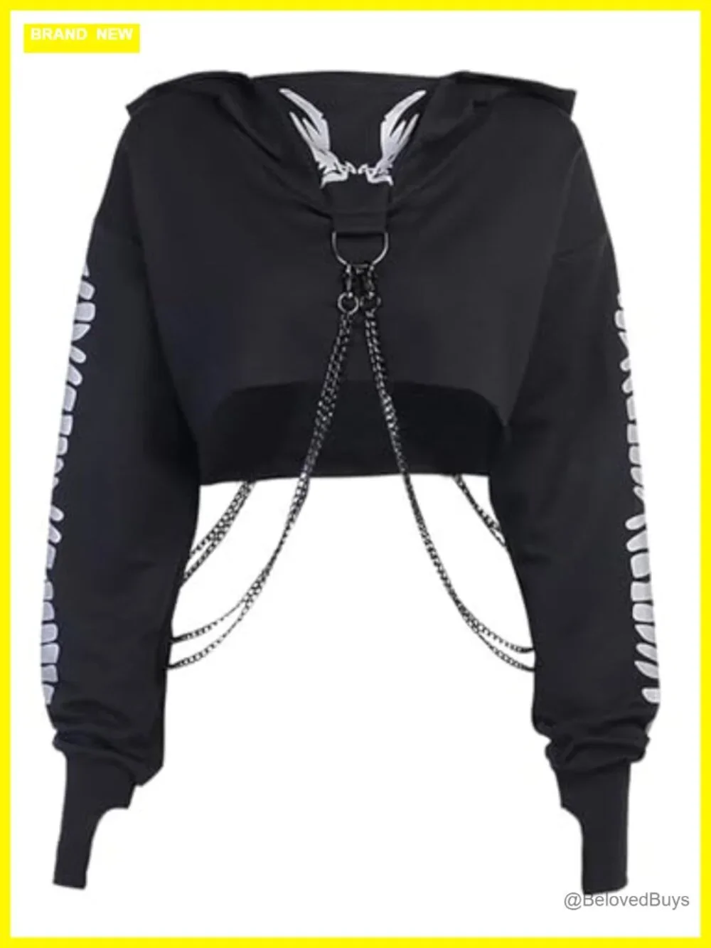 Gothic Crop Hoodie Sweatshirt Reflective Fishbone Print Chain Detail